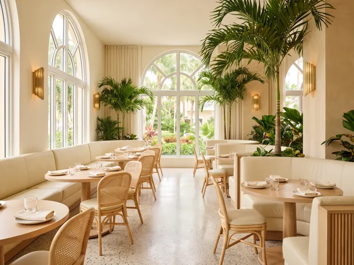 A bright restaurant with cream booths, rattan chairs, round tables set for a meal and potted palms